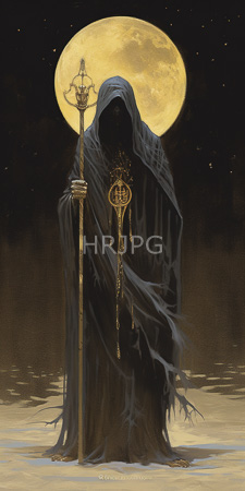 High Resolution: Enigmatic hooded figure in tattered black robes holding a golden staff against a large yellow full moon backdrop download. | HRJPG.com