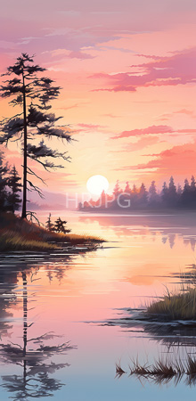 High Resolution: Serene sunset over calm lake reflecting pink and orange sky with scattered clouds download. | HRJPG.com