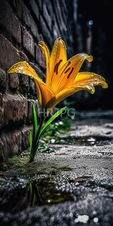 High Resolution: Vibrant yellow lily with droplets on petals standing in shallow water against dark brick wall download. | HRJPG.com