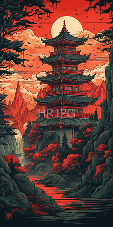 High Resolution: Anime-style illustration depicting a traditional Chinese pagoda with multiple tiered roofs set against a vivid red sunset sky download. | HRJPG.com