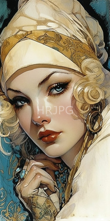 High Resolution: Elegant woman with fair skin blue eyes and curly blonde hair adorned in gold-patterned white headscarf download. | HRJPG.com