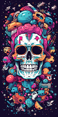 High Resolution: Vibrant intricately detailed colorful skull with large black eye sockets and white teeth at its center against a dark purple background download. | HRJPG.com