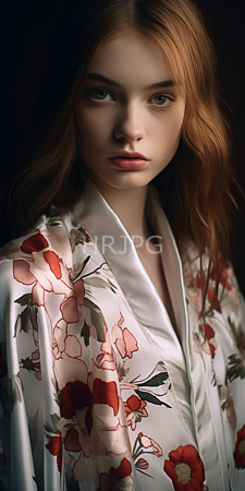 High Resolution: Ethereal young woman with fair skin and long wavy red hair wearing a white silk kimono adorned with large pink-red floral patterns download. | HRJPG.com