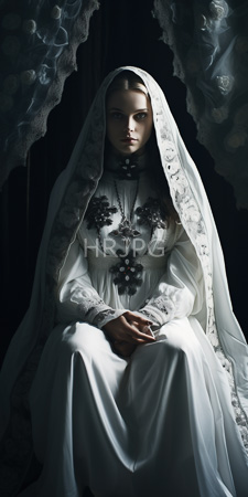 High Resolution: Ethereal woman with pale skin and dark hair wearing a white lace veil over her head covering black floral embroidery download. | HRJPG.com