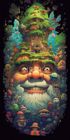 High Resolution: Enormous whimsical gnome with large eyes and white beard wearing a green moss-covered hat adorned with tiny houses download. | HRJPG.com
