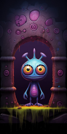 High Resolution: Adorable blue alien with large yellow eyes and small antennae standing in front of a dark archway adorned with pink swirls download. | HRJPG.com