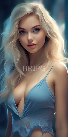 High Resolution: Attractive blonde woman with wavy hair and blue eyes wearing a revealing light-blue top that exposes her cleavage download. | HRJPG.com