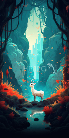High Resolution: Ethereal white goat with curved horns standing in front of a reflective pond within a lush cave-like forest download. | HRJPG.com