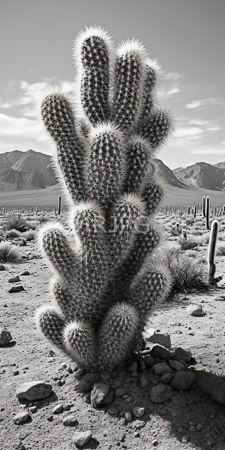 High Resolution: Black-and-white photograph of an upright multi-armed cholla cactus with spiky white hairs covering its cylindrical segments download. | HRJPG.com
