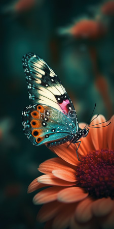 High Resolution: Intricately patterned butterfly with blue black and white wings featuring orange spots perched on vibrant peach-orange daisy petals download. | HRJPG.com
