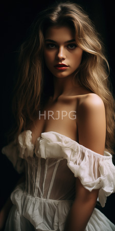 High Resolution: Attractive young woman with long wavy brown hair and fair skin against a dark background wearing a sheer white off-the-shoulder dress download. | HRJPG.com