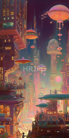 High Resolution: Vibrant futuristic cityscape at night with neon lights and floating structures resembling spaceships download. | HRJPG.com