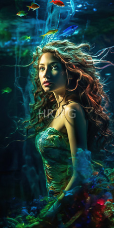 High Resolution: Ethereal beautiful woman with long wavy brown hair and green eyes underwater wearing a strapless dress adorned in leafy patterns download. | HRJPG.com