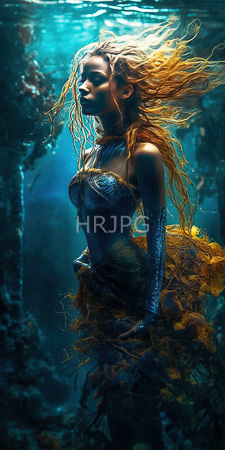 High Resolution: Underwater scene featuring a dark-skinned woman with long flowing orange hair wearing blue and yellow fish-scale-inspired attire download. | HRJPG.com