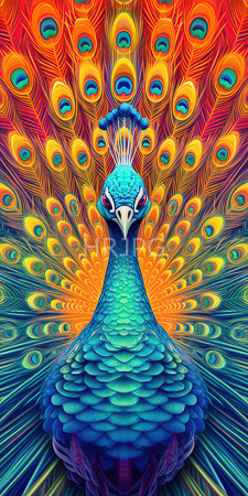 High Resolution: Elaborate peacock with vibrant multicolored feathers fanned out in intricate patterns behind its head and body download. | HRJPG.com