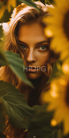 High Resolution: Attractive young woman with wavy golden-blonde hair and green eyes peering through yellow flowers and lush leaves download. | HRJPG.com