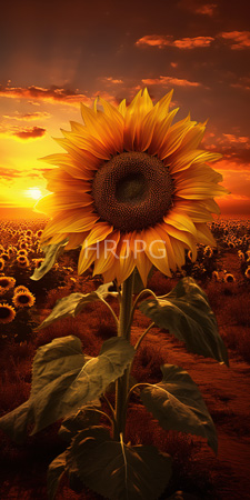 High Resolution: Vibrant sunflower with large yellow petals and dark brown center in foreground with golden sunset sky behind it download. | HRJPG.com