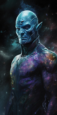 High Resolution: Alien warrior with blue skin bald head adorned by star-shaped forehead marking and pointed ears download. | HRJPG.com