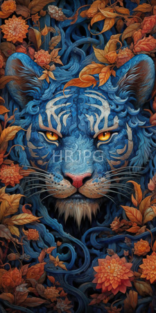 High Resolution: Intricately detailed blue tiger with white stripes vivid orange eyes and pink nose amidst swirling vines adorned in autumn leaves download. | HRJPG.com