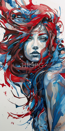 High Resolution: Abstract painting of a young woman with flowing red and blue hair that blends into her face like paint splashes download. | HRJPG.com