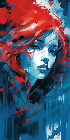 High Resolution: Ethereal woman with pale skin and striking red hair blending into abstract blue-black splashes download. | HRJPG.com
