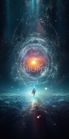 High Resolution: Ethereal cosmic scene with a lone figure standing on fluffy clouds at its center download. | HRJPG.com