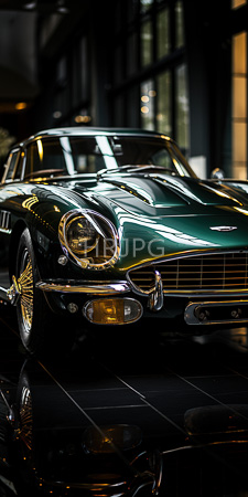 High Resolution: Elegant vintage green convertible car with chrome accents and gold wire-spoked wheels parked indoors in low light download. | HRJPG.com