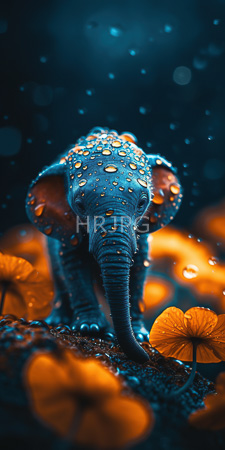 High Resolution: Adorable small elephant calf with blue-gray skin covered in water droplets standing amidst glowing orange lotus flowers download. | HRJPG.com