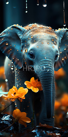 High Resolution: Intricately detailed blue-gray ceramic elephant adorned with water droplets and orange flowers in its mouth download. | HRJPG.com
