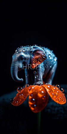 High Resolution: Intricately detailed small metal elephant figurine with textured skin standing in front of vibrant orange flower petals download. | HRJPG.com