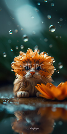 High Resolution: Adorable orange tabby kitten with large blue eyes and fluffy fur adorned like flowers by water droplets download. | HRJPG.com