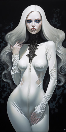 High Resolution: Ethereal pale-skinned woman with long white hair and striking blue eyeshadow wearing a tight-fitting high-necked black lace bodysuit download. | HRJPG.com