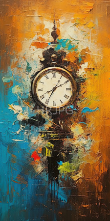 High Resolution: Vibrant abstract painting of an ornate clock with black Roman numerals on white face and gold hands is centered against chaotic splashes download. | HRJPG.com