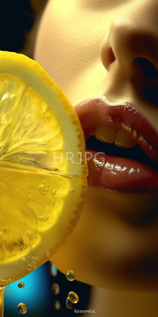 High Resolution: Close-up lips with glossy deep red lipstick gently touching an ice-cold lemon slice filled with bubbles download. | HRJPG.com