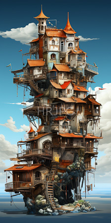 High Resolution: Intricately detailed multi-story wooden houseboat with red-tiled roofs and various balconies on stilts over rocky terrain download. | HRJPG.com