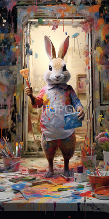 High Resolution: Anthropomorphic rabbit standing in front of a messy art studio wearing splattered paint on its blue shirt and white apron download. | HRJPG.com