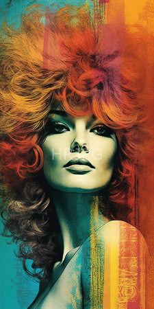 High Resolution: Androgynous model with voluminous curly red-orange hair against vibrant abstract background download. | HRJPG.com
