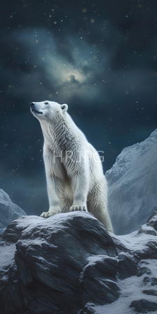High Resolution: Polar bear standing on rocky terrain under a starry night sky with snow-covered mountains in background download. | HRJPG.com