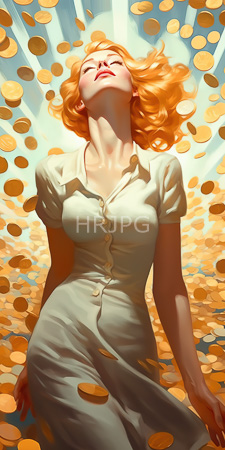High Resolution: Ethereal fair-skinned woman with wavy orange hair and closed eyes in ecstasy amidst falling golden coins download. | HRJPG.com