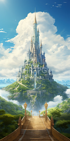 High Resolution: Enchanting towering castle with multiple spires and turrets on lush green hills surrounded by misty valleys download. | HRJPG.com