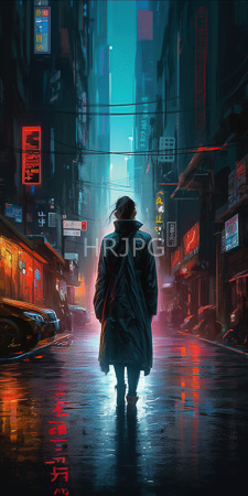 High Resolution: Atmospheric neon-lit urban street at night with rain reflections on wet pavement download. | HRJPG.com