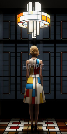 High Resolution: Blonde woman with her back to the camera wearing an abstract-patterned dress in red blue yellow and white geometric shapes download. | HRJPG.com