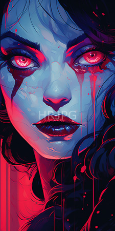High Resolution: Intense blue-skinned woman with glowing red eyes and dark wavy hair against a black background download. | HRJPG.com