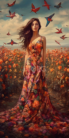 High Resolution: Attractive young woman with long brown hair standing in vibrant orange poppy field under a cloudy sky download. | HRJPG.com