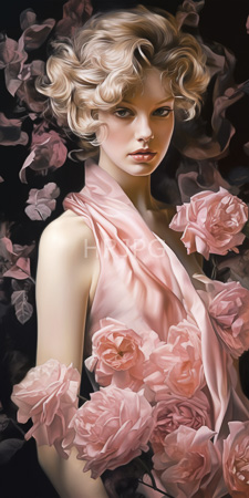 High Resolution: Ethereal fair-skinned woman with curly blonde hair and piercing blue eyes wearing a silky pink shawl amidst blooming roses download. | HRJPG.com