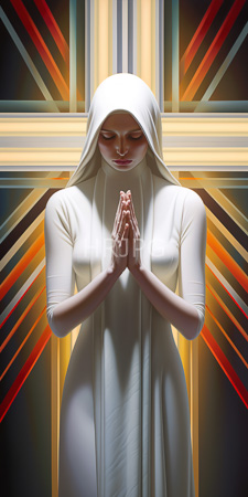 High Resolution: Ethereal pale-skinned woman with closed eyes and clasped hands in prayer pose wearing a white hooded robe download. | HRJPG.com