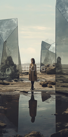 High Resolution: Androgynous person with shoulder-length brown hair wearing a beige coat standing in front of large reflective glass sculptures download. | HRJPG.com