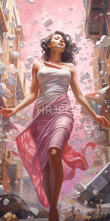High Resolution: Ethereal woman with dark wavy hair and light brown skin floating in mid-air down a narrow urban alleyway download. | HRJPG.com