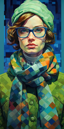 High Resolution: Androgynous person with fair skin brown wavy hair under green beanie wearing blue glasses and olive-green coat download. | HRJPG.com