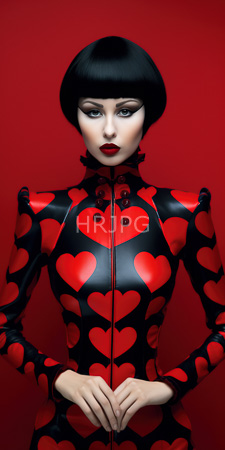 High Resolution: Androgynous model with pale skin black bob haircut red lipstick against bold eye makeup wearing glossy latex dress download. | HRJPG.com